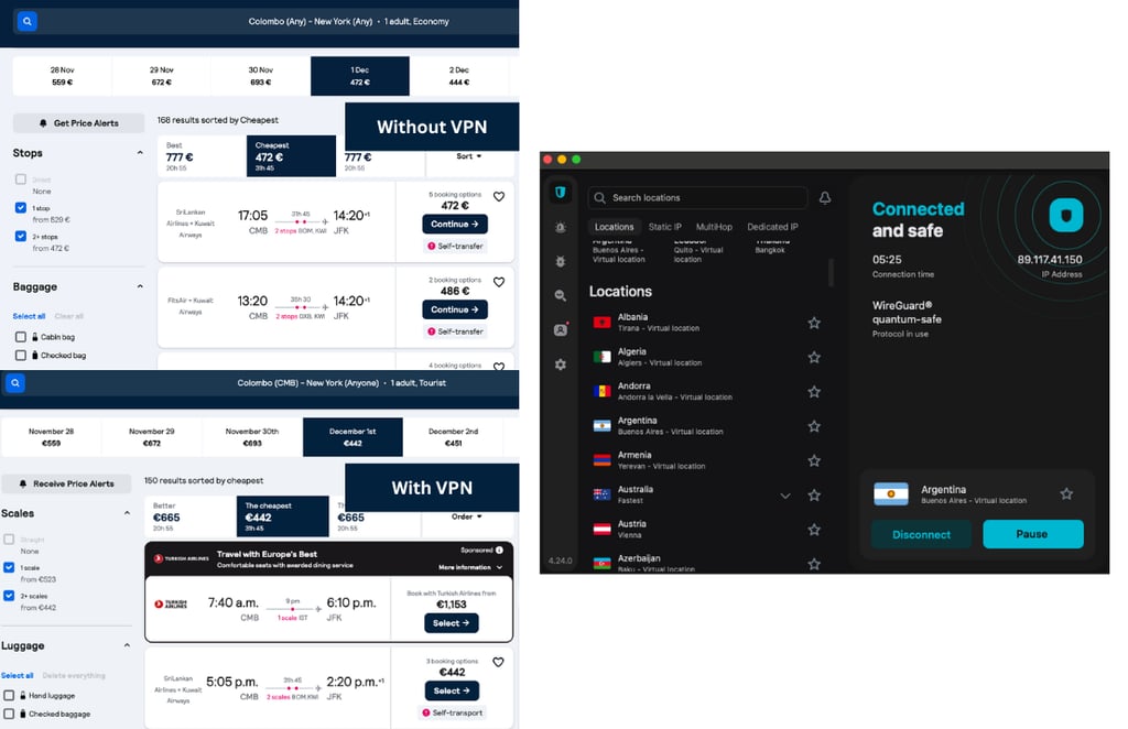 Flight prices comparison with and without SurfShark