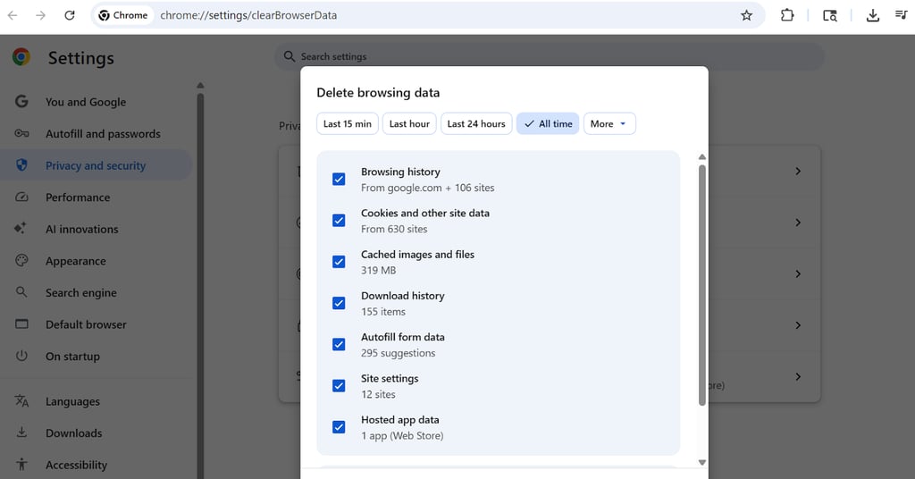 Chrome's 'Delete browsing data' page