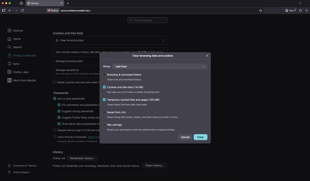 Clear cookies and cache from your device