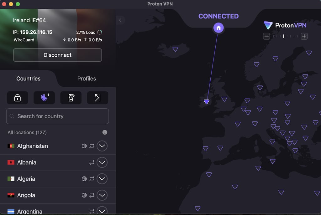 Proton VPN connected to Ireland