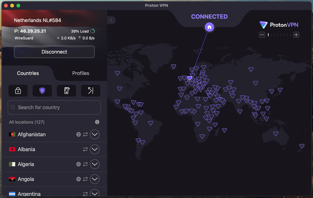 Proton VPN connected to the Netherlands server