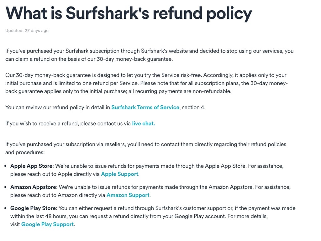Surfshark's refund policy
