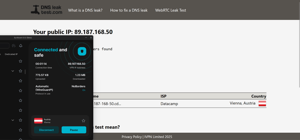 Surfshark's DNS leak test results