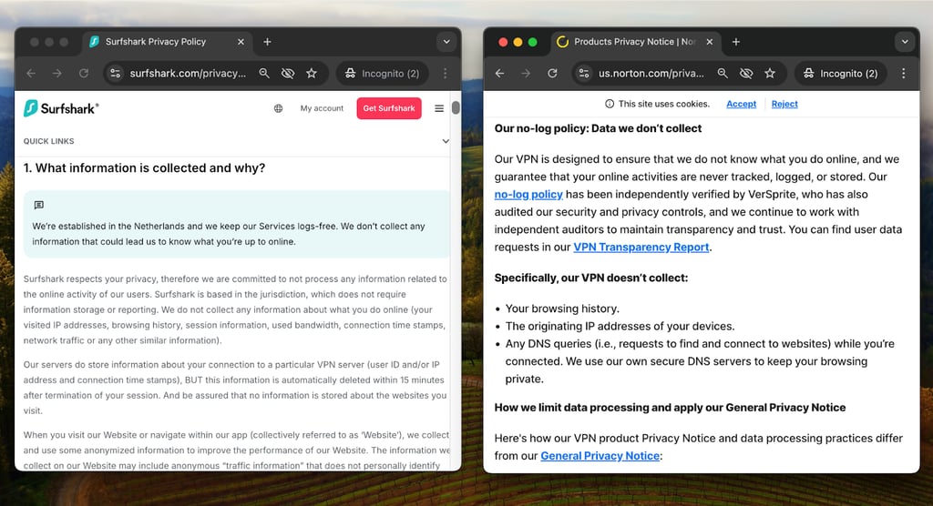 Surfshark's and Norton VPN's no-logs policies