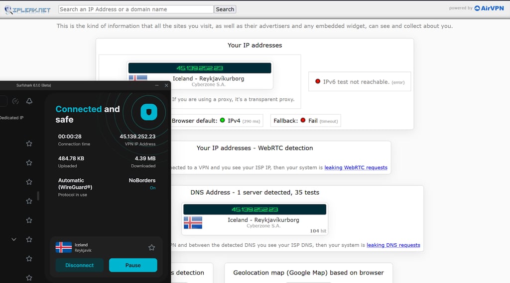 Surfshark's leak test results