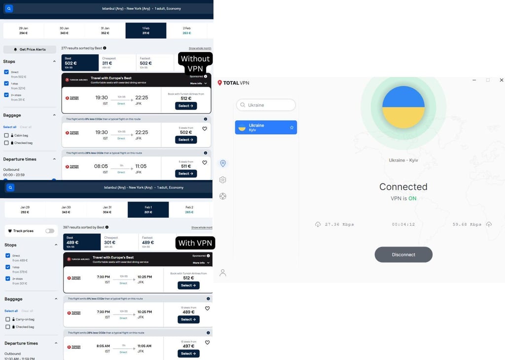 Flight price difference with and without TotalVPN