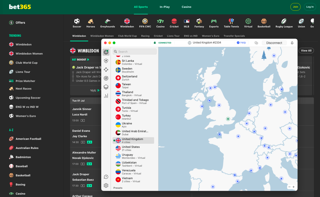 Unblocking bet365 with NordVPN on a UK VPN server