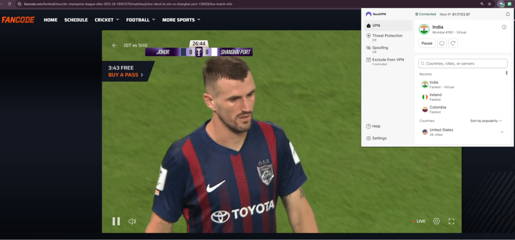 Fancode connected to Ireland NordVPN