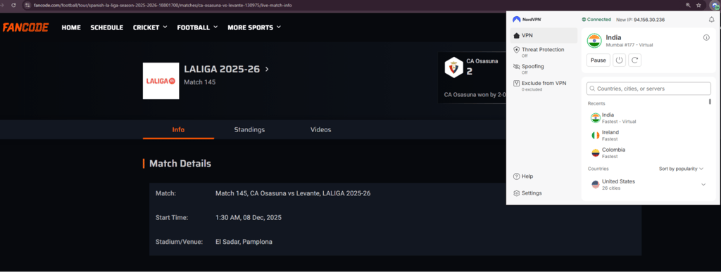 Laliga connected to India NordVPN