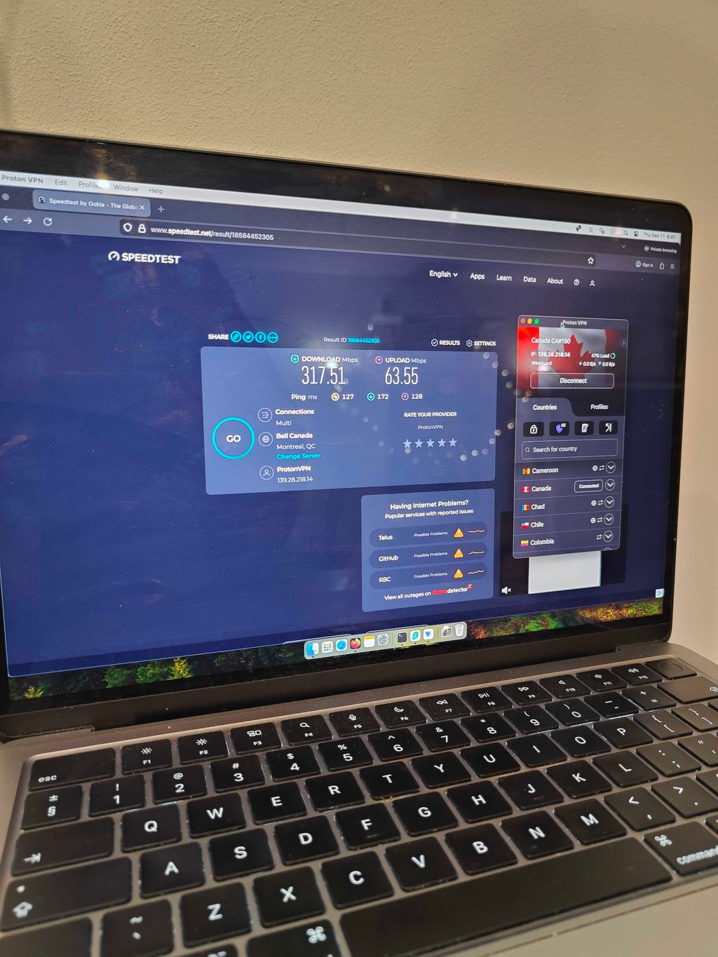 Proton VPN Canadian server test