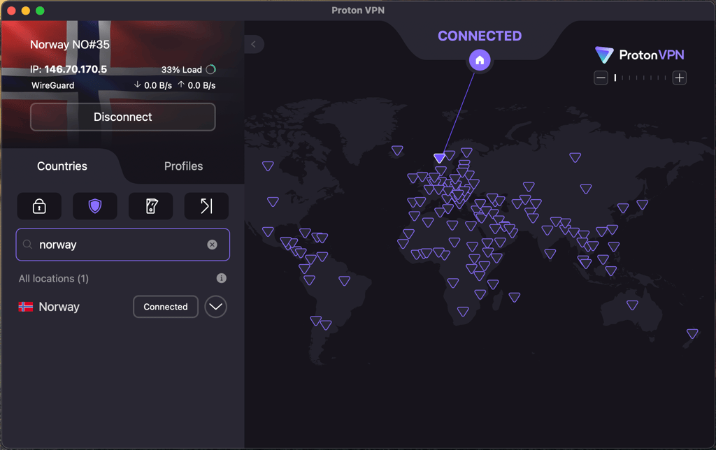 Proton VPN connected to Norway