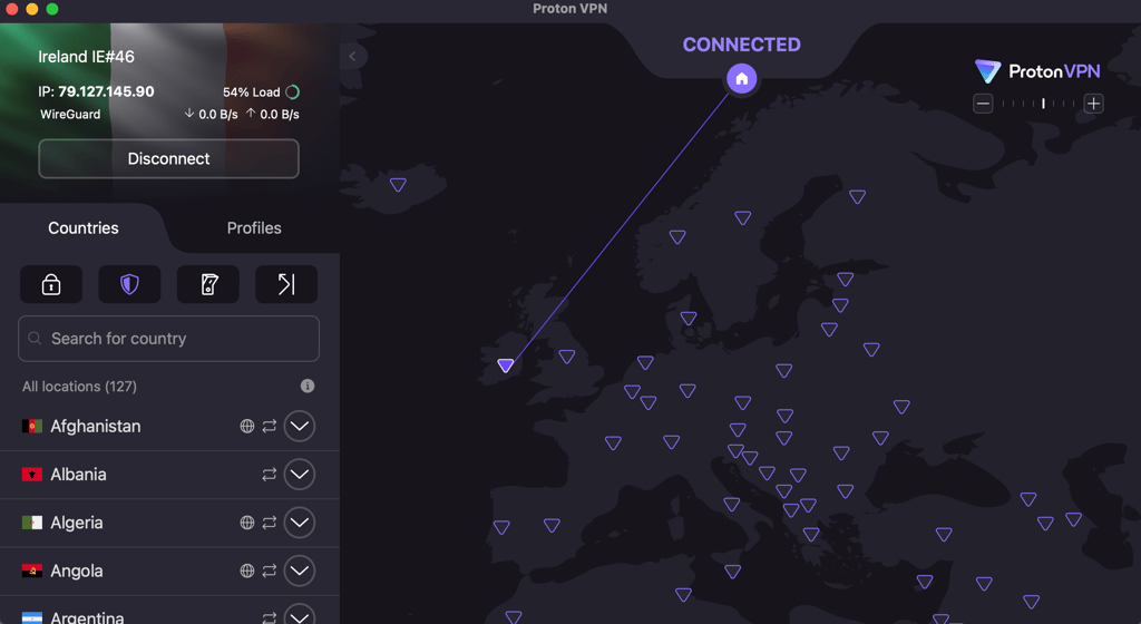 Proton VPN connected to a server in Ireland to bypass UK xVideos age verification