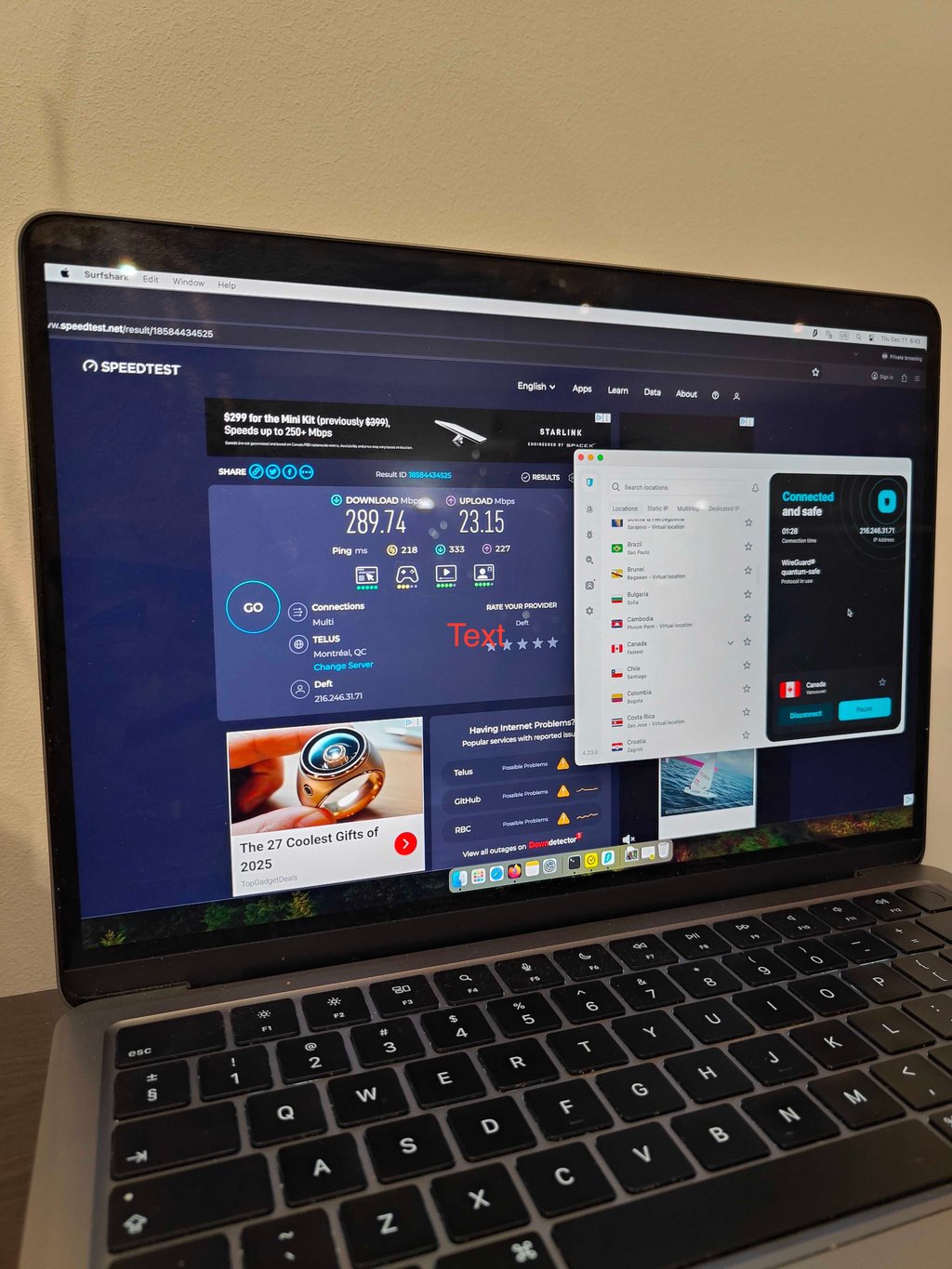 Surfshark Canadian server speed test