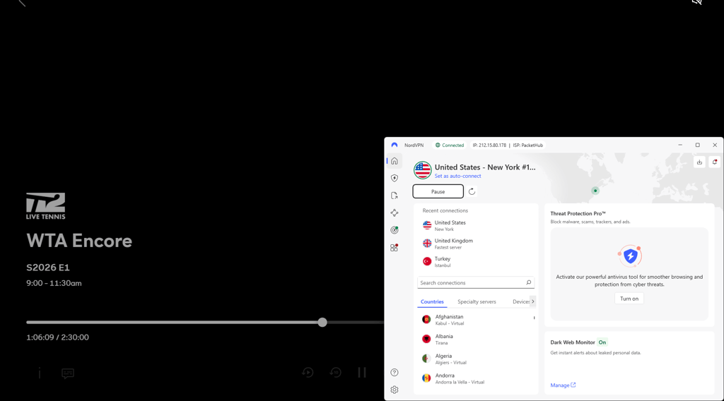 NordVPN connected to the US server