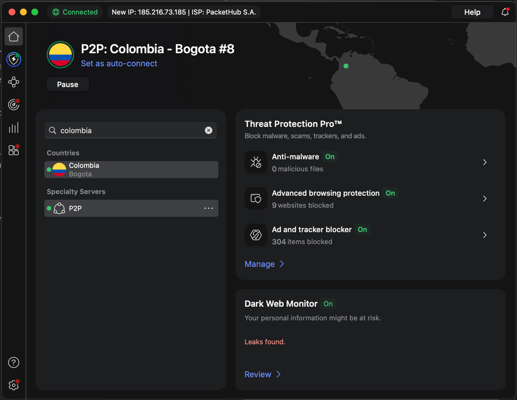 NordVPN connected to Colombia