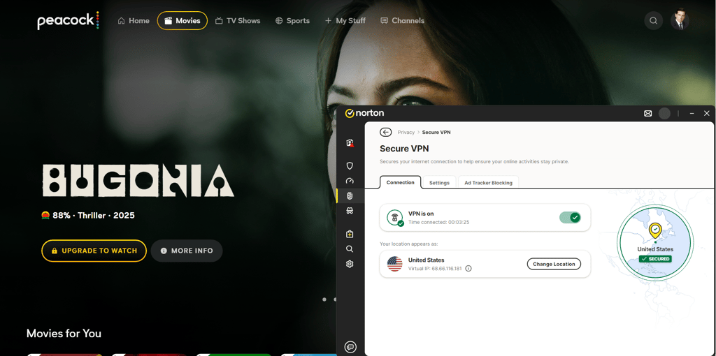 Norton VPN connected to New York server in the US to stream Peacock TV