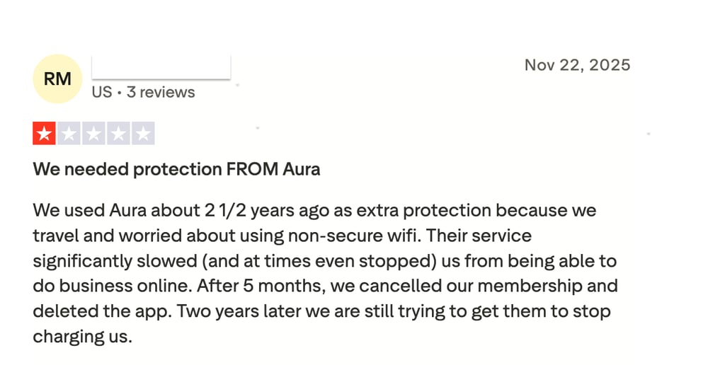 customer complaint about aura's antivirus on trustpilot