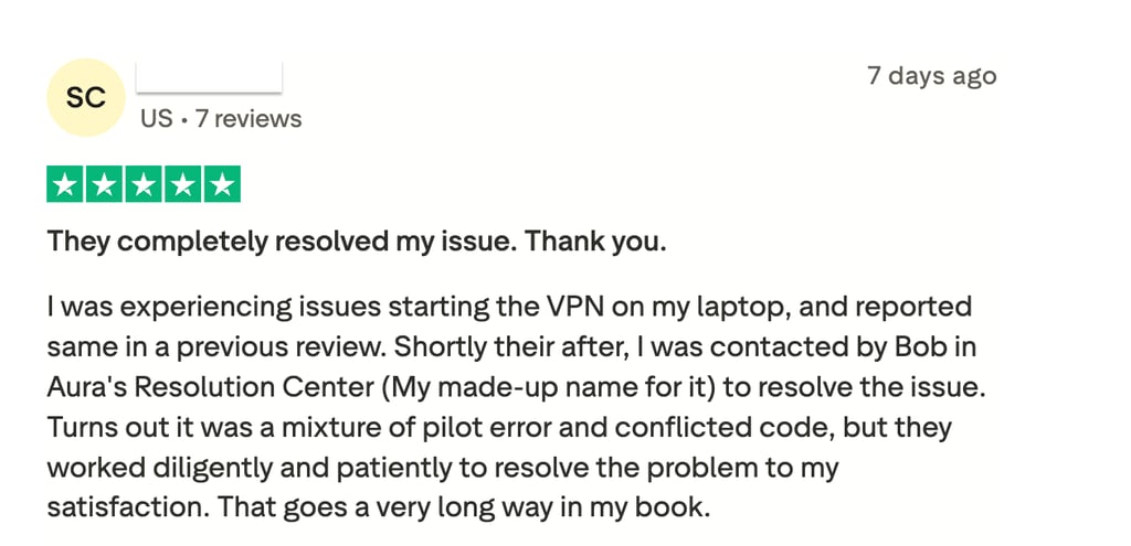 customer review trustpilot about auras services