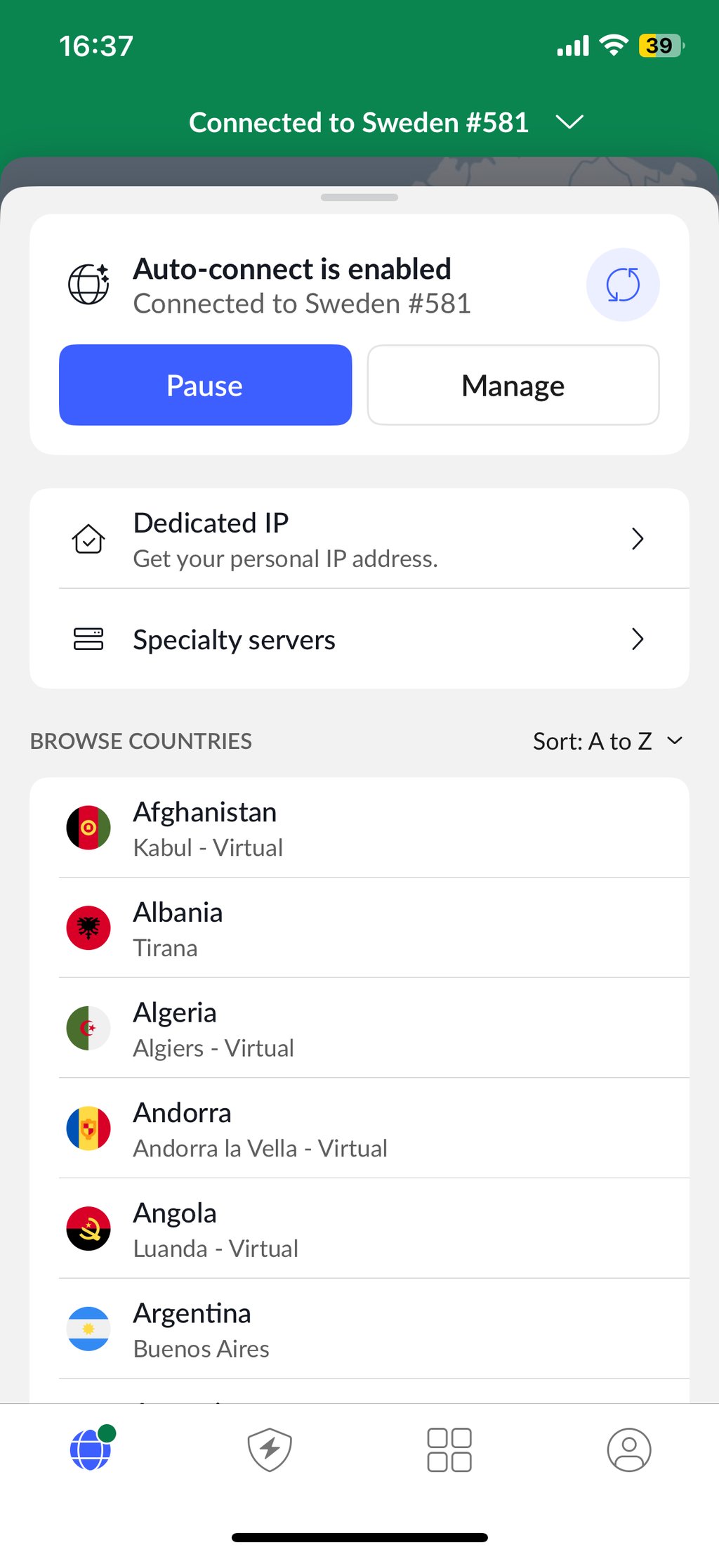 NordVPN's mobile app interface