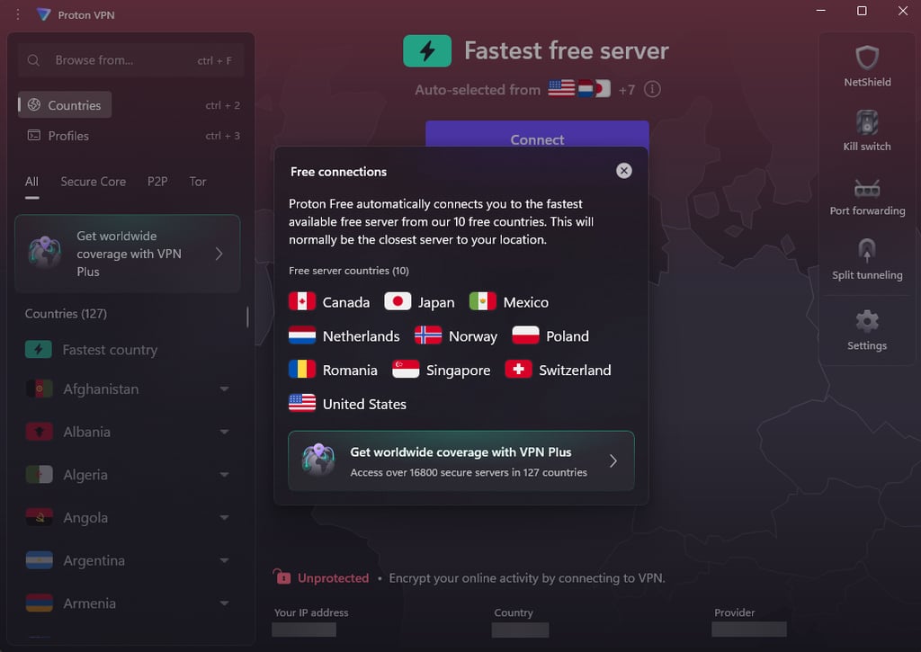 Proton VPN's free servers including 10 worldwide locations