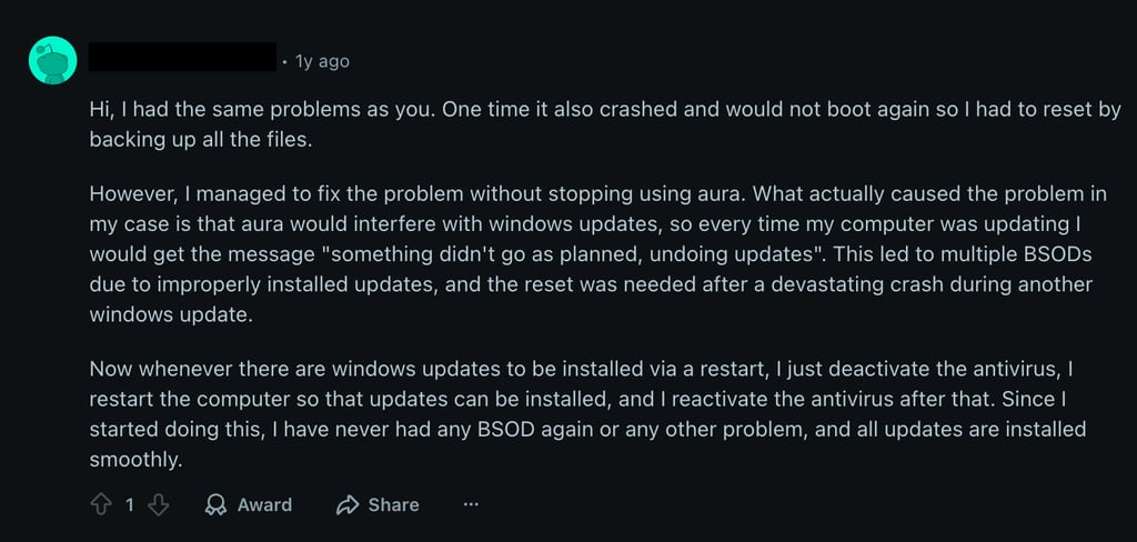 reddit customer review about aura antivirus
