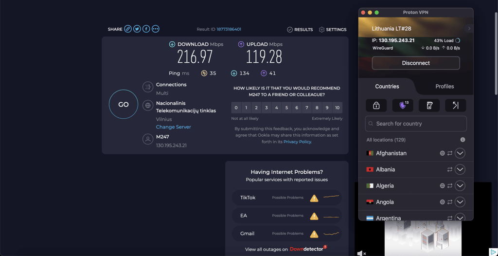 Proton VPN speed test in progress