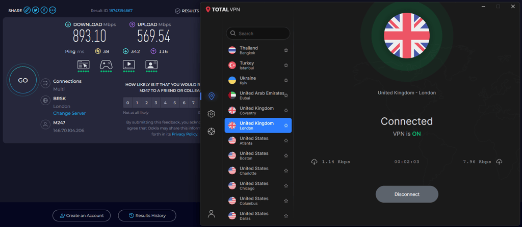 TotalVPN speed test results