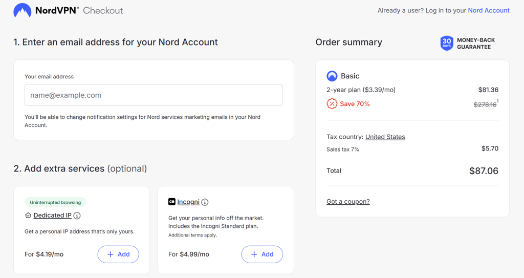 NordVPN order checkout summary page view
