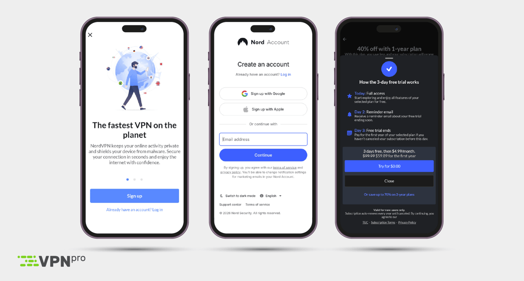 NordVPN free trial steps mobile view