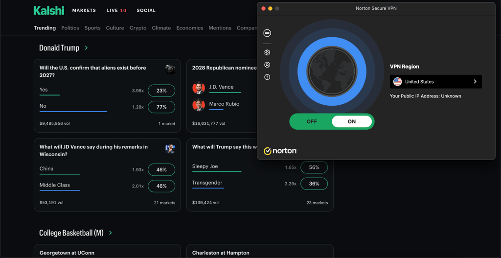 Norton VPN unblocking Kalshi from unavailable US states