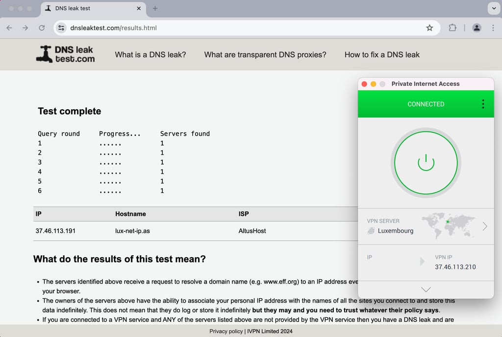 PIA DNS leak protection test