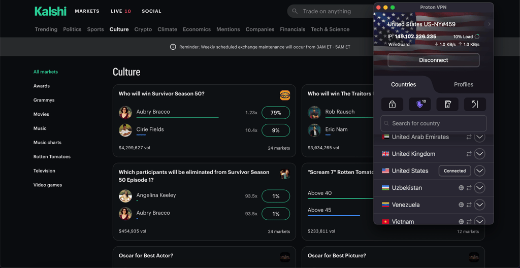 Proton VPN unblocking Kalshi from restricted US states