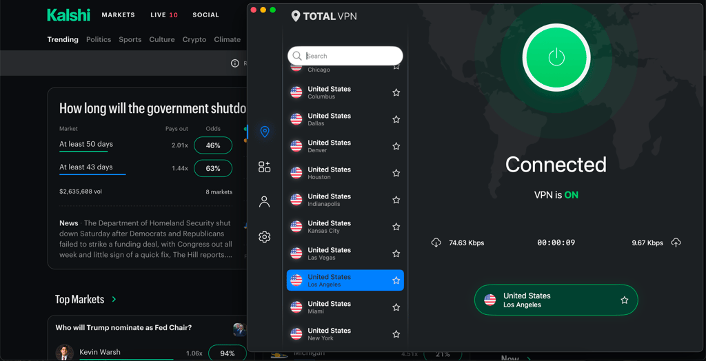 TotalVPN unblocking Kalshi with US servers