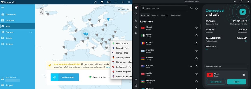 Hide.me vs Surfshark servers
