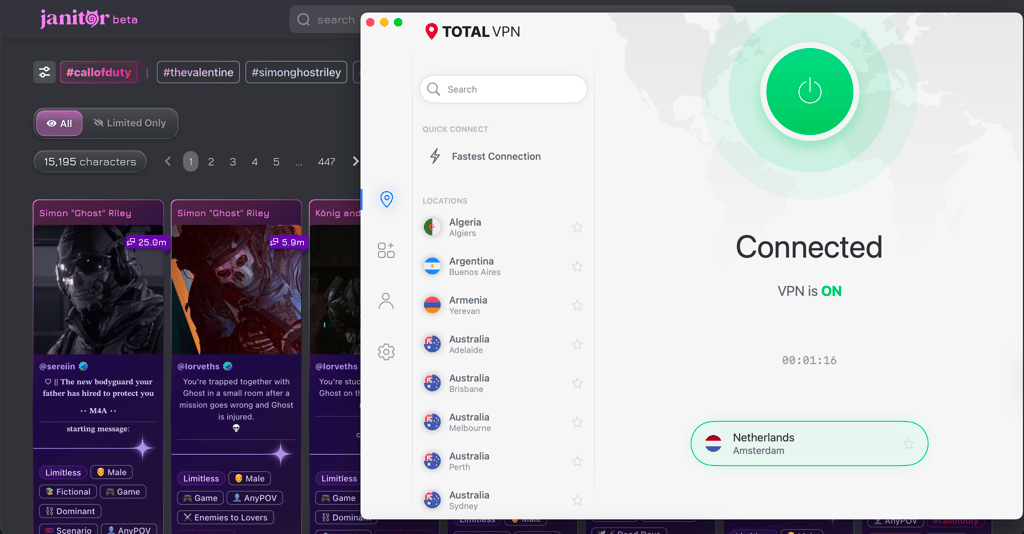 Janitor AI unblocked with TotalVPN