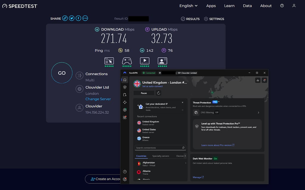 NordVPN speed test results while connected to the UK