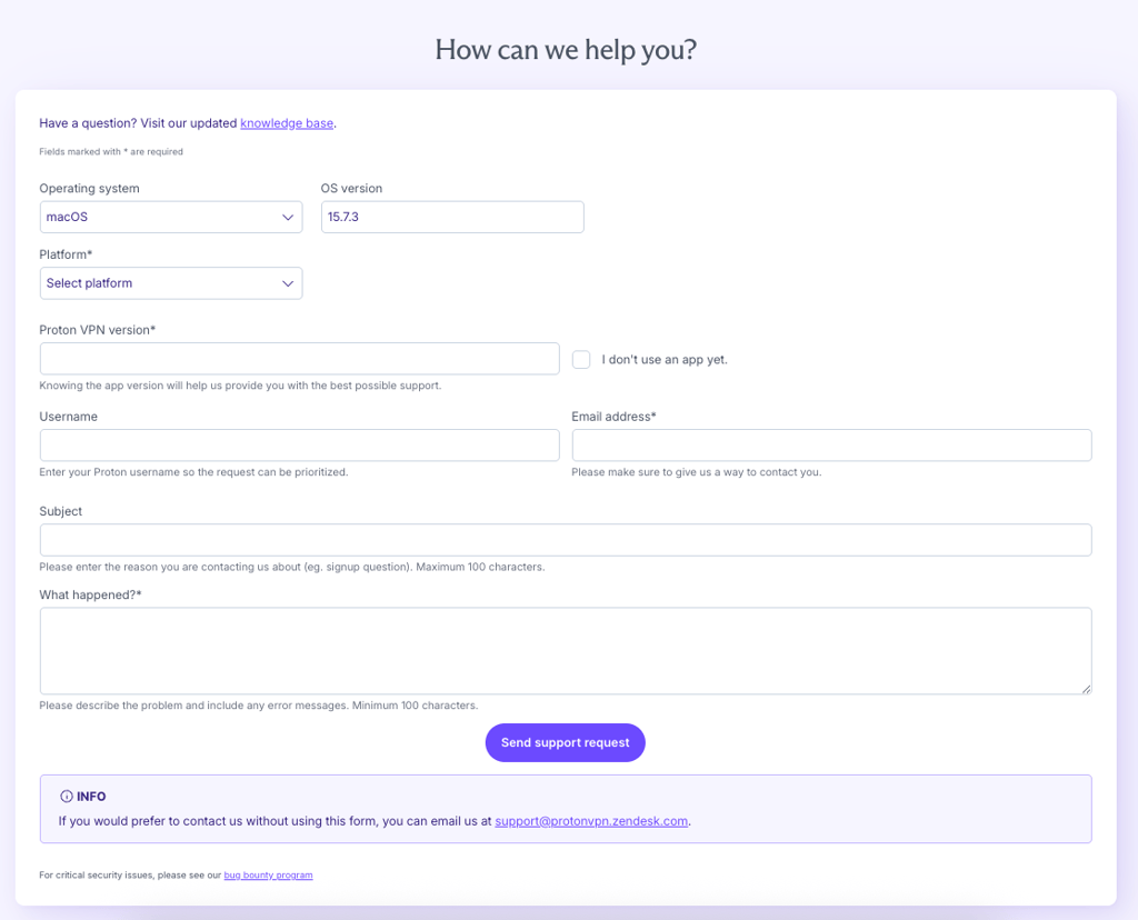 Proton free VPN's customer support