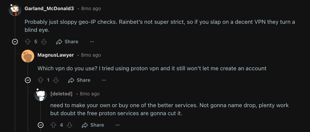 Redditors commenting on Proton VPN free version for Rainbet
