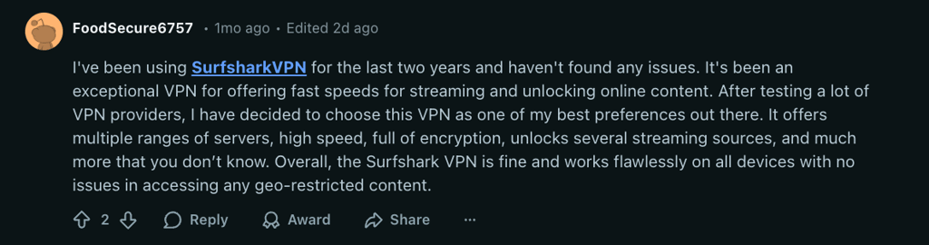 Reddit comments on Surfshark as top Rainbet VPN