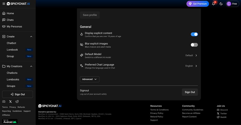 Spicychat AI requires you to enable explicit content in your profile settings
