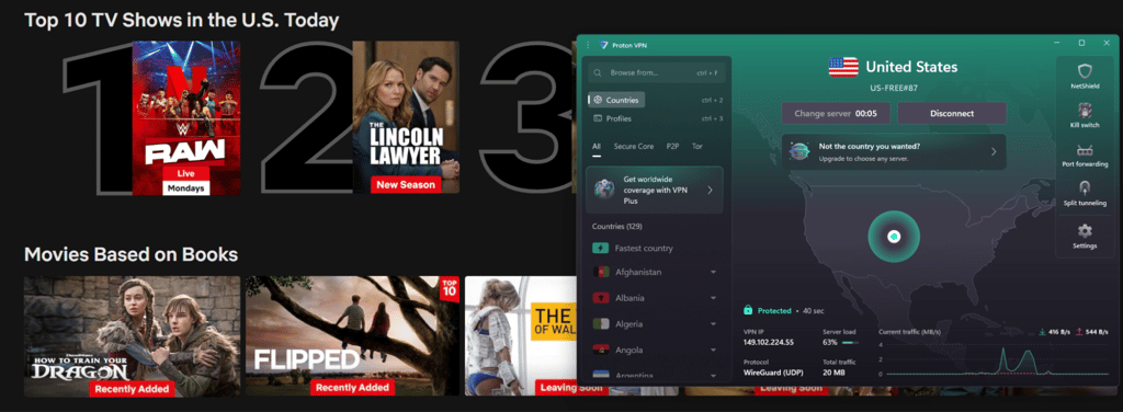 Streaming with Proton free VPN