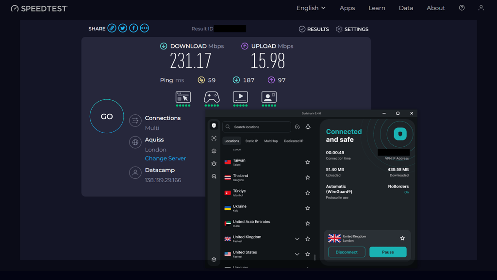 Surfshark speed test results while connected to the UK