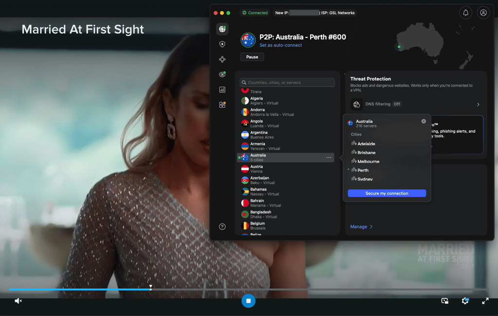 9Now streaming unlocked with NordVPN connected to Australia