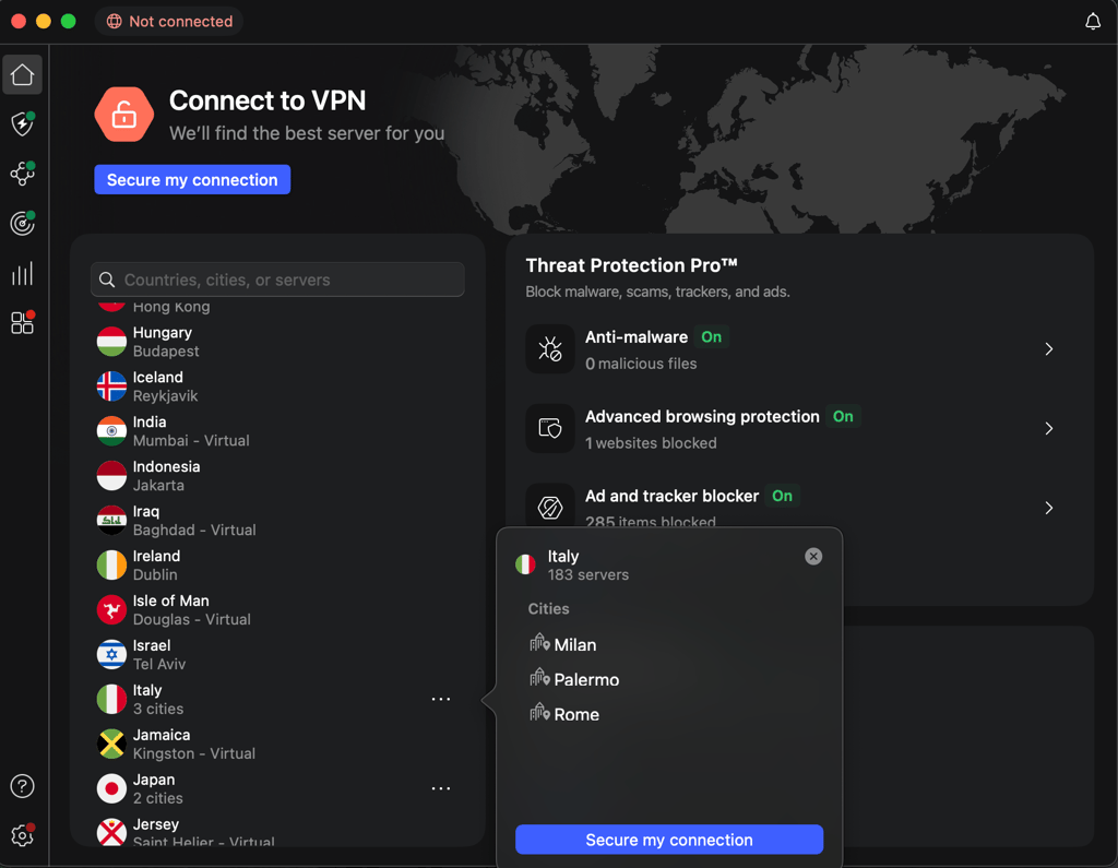 NordVPN Italy server selection view