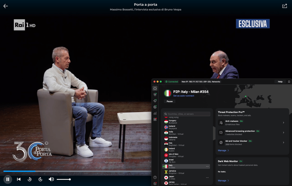 RaiPlay streaming with NordVPN in progress