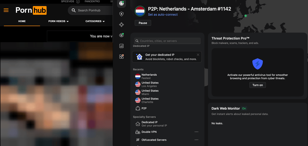 PornHub unblocked with NordVPN with the Netherlands