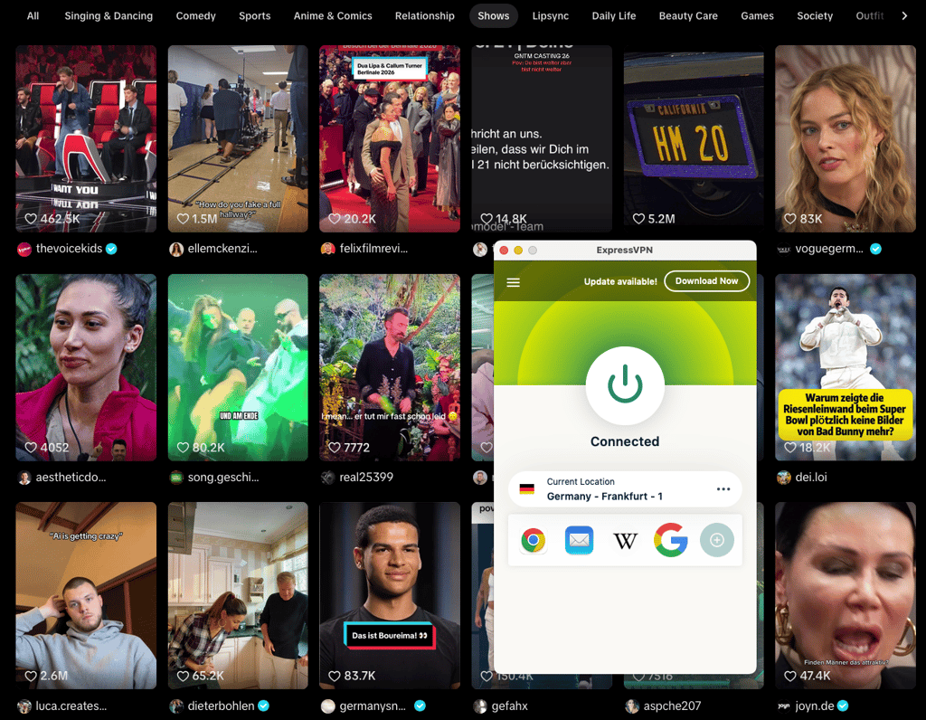 TikTok unlocked with ExpressVPN connected to Germany