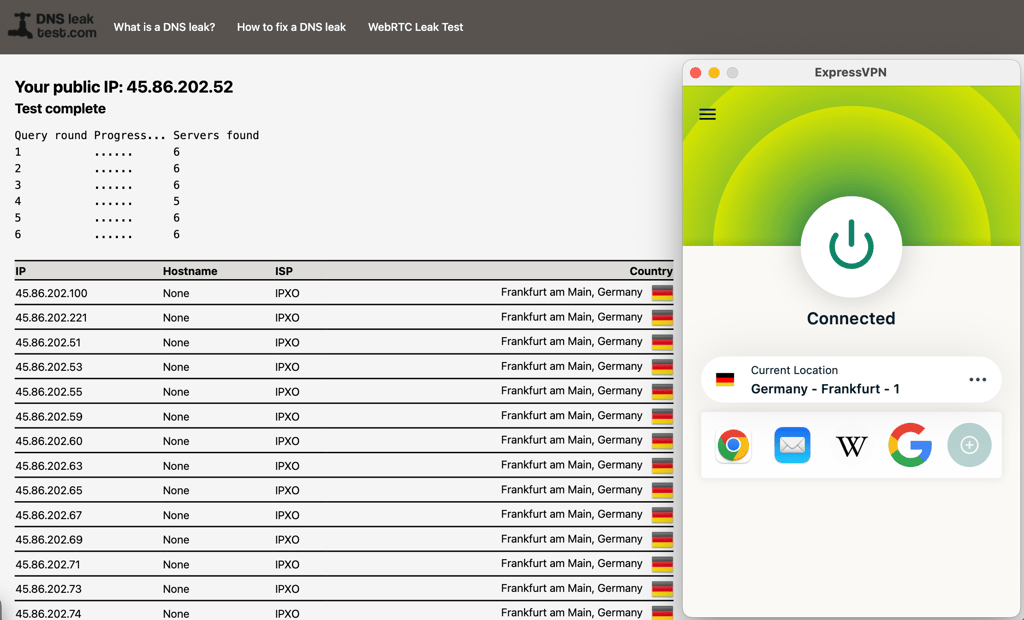 ExpressVPN DNS leak test while connected to Germany