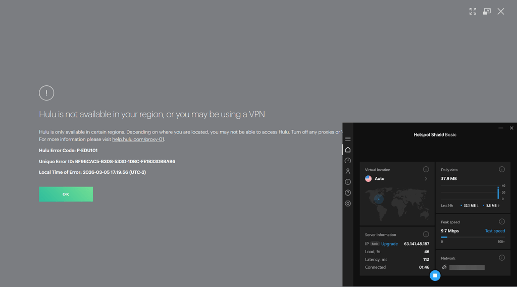 Hulu VPN error message displayed while connected to Hotspot Shield