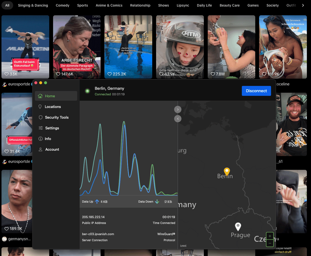 IPVanish connected to Germany and TikTok unlocked